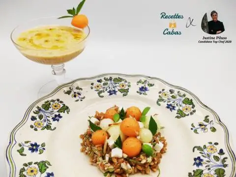 Recette de Velouté de melon aux amandes, salade d'épeautre à la feta par Justine Top Chef 2020