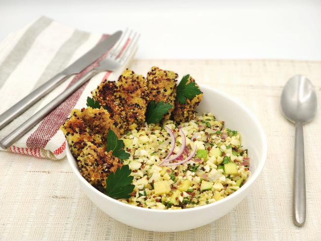 Recette Carrelet pané au Quinoa et salade chou-fleur, pomme, plaisir de cuisiner au quotidien.