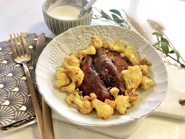 Recette Filet de poulet caramélisé et chou fleur rôti au curcuma (SG), plaisir de cuisiner au quotidien.