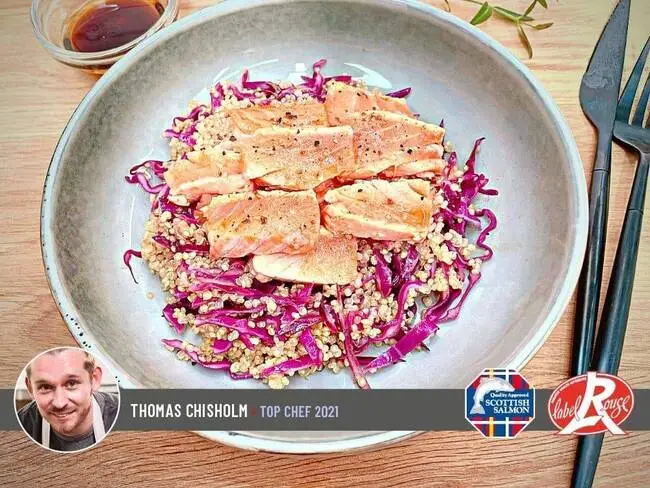 Recette Tataki de saumon Ecossais Label Rouge, salade de quinoa et chou rouge, sauce Ponzu (SG), plaisir de cuisiner au quotidien.