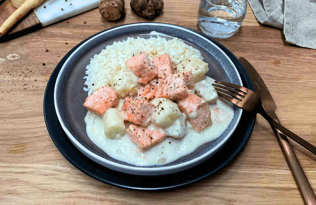 Recette Blanquette de saumon et légumes racines - Riz, plaisir de cuisiner au quotidien.