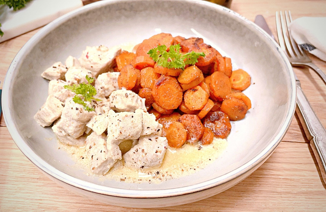 Recette Veau à la crème parfumée - carottes fondantes au cumin (SG), plaisir de cuisiner au quotidien.