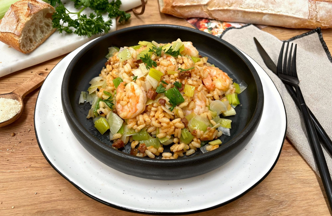 Recette Risotto crevettes-poireaux-chorizo (SG), plaisir de cuisiner au quotidien.