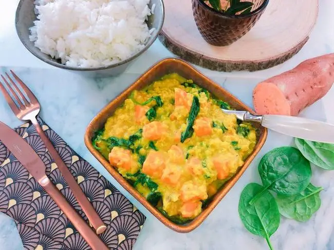 Recette Curry de lentilles corail et patates douces, riz