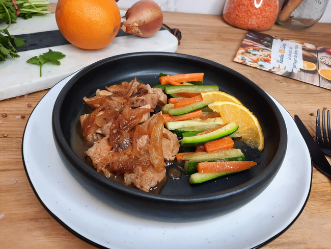 Recette Filet mignon de porc aux échalotes caramélisées, poêlée de légumes